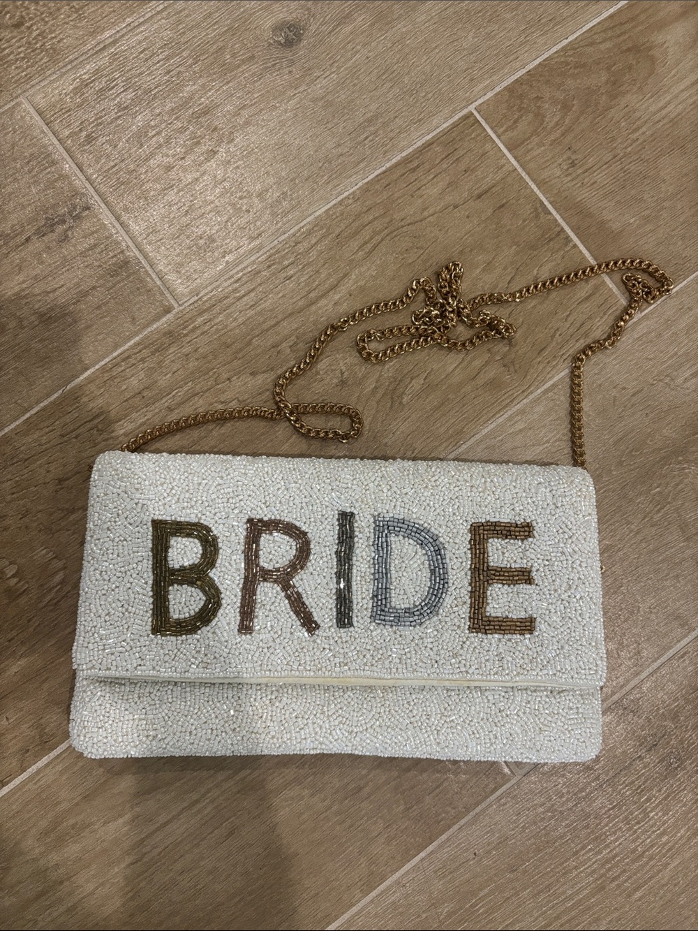 BRIDE Embellished Beaded White Crossbody Bag with Gold Chain